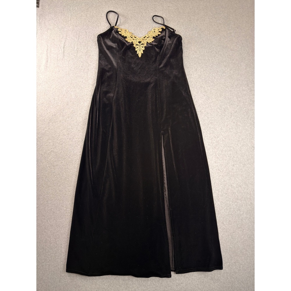 Vintage Sophia by Delicates Black Velvet Maxi Dress Gold Lace V-Neck Slit Medium